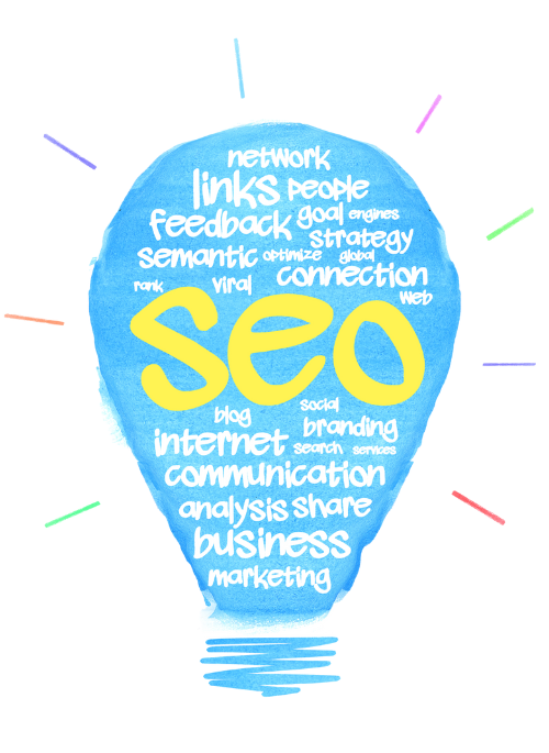 Żarówka z napisem SEO na górze symbolizująca innowacyjne i zyskowne strategie pozycjonowania